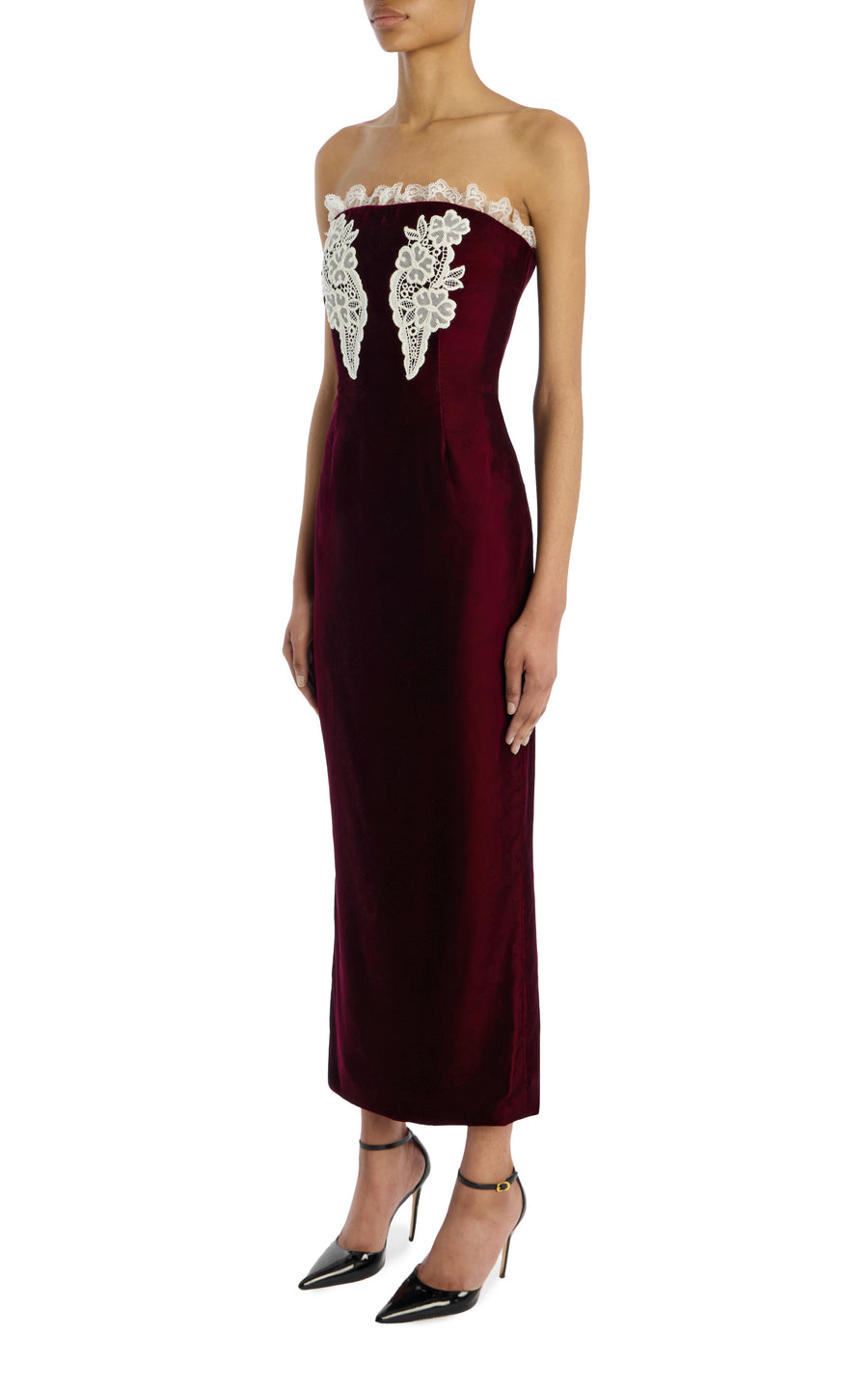 Burgundy Velvet And Lace Strapless Dress With Lace Detail