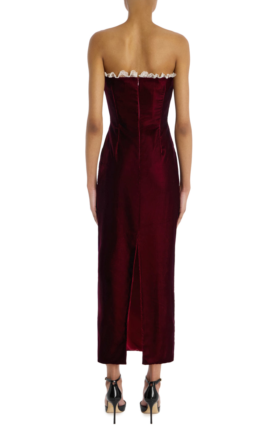 Burgundy Velvet And Lace Strapless Dress With Lace Detail
