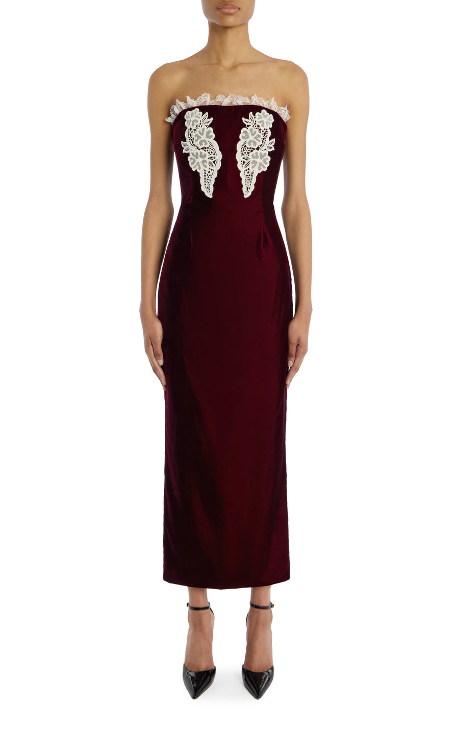 Burgundy Velvet And Lace Strapless Dress With Lace Detail