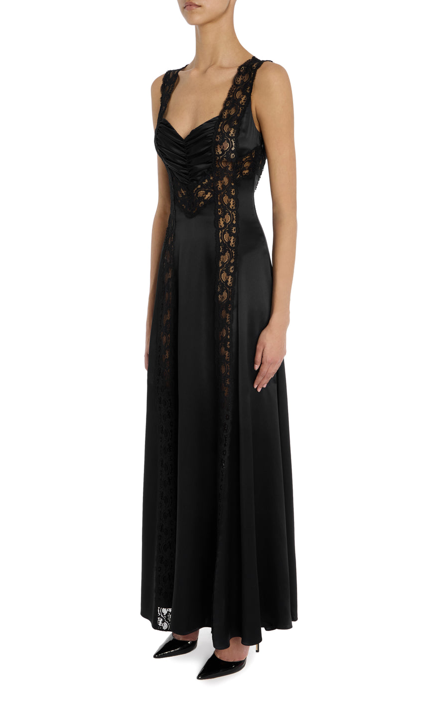 Black Silk Charmeuse Bias Dress With Lace Inlays