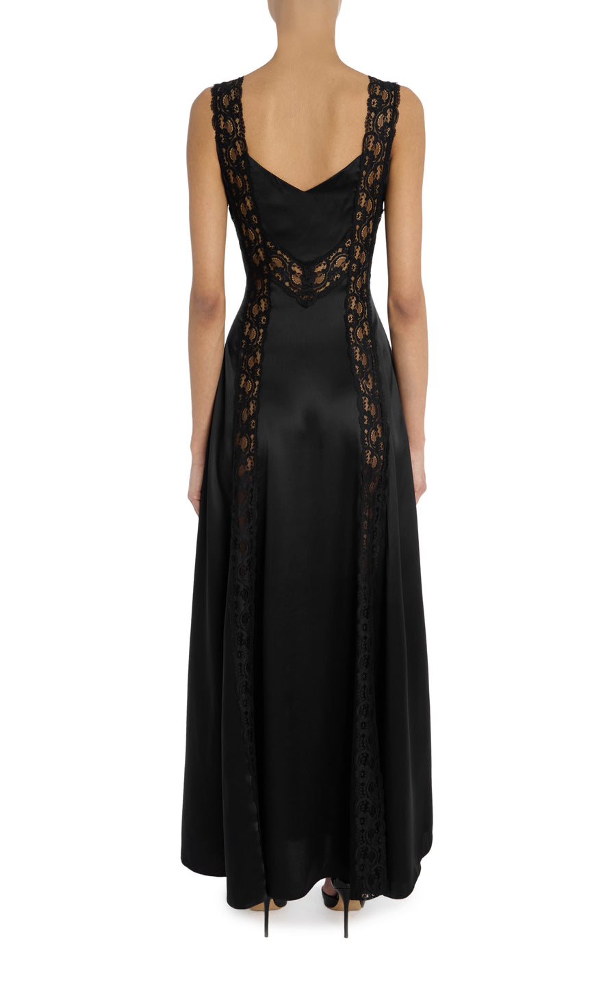 Black Silk Charmeuse Bias Dress With Lace Inlays