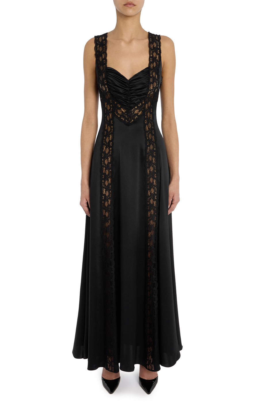 Black Silk Charmeuse Bias Dress With Lace Inlays