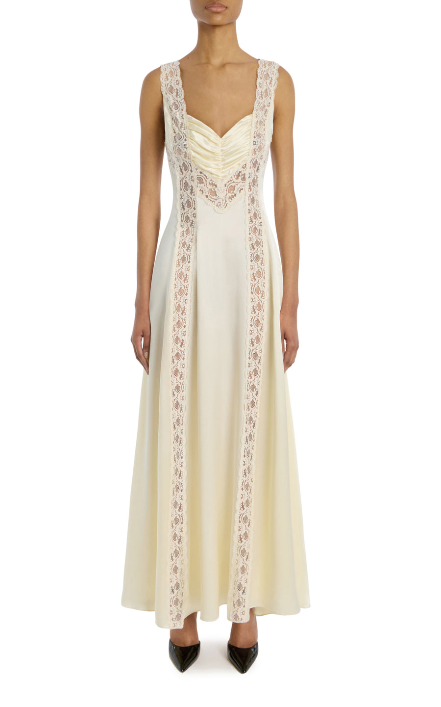 Cream Silk Charmeuse Bias Dress With Lace Inlays