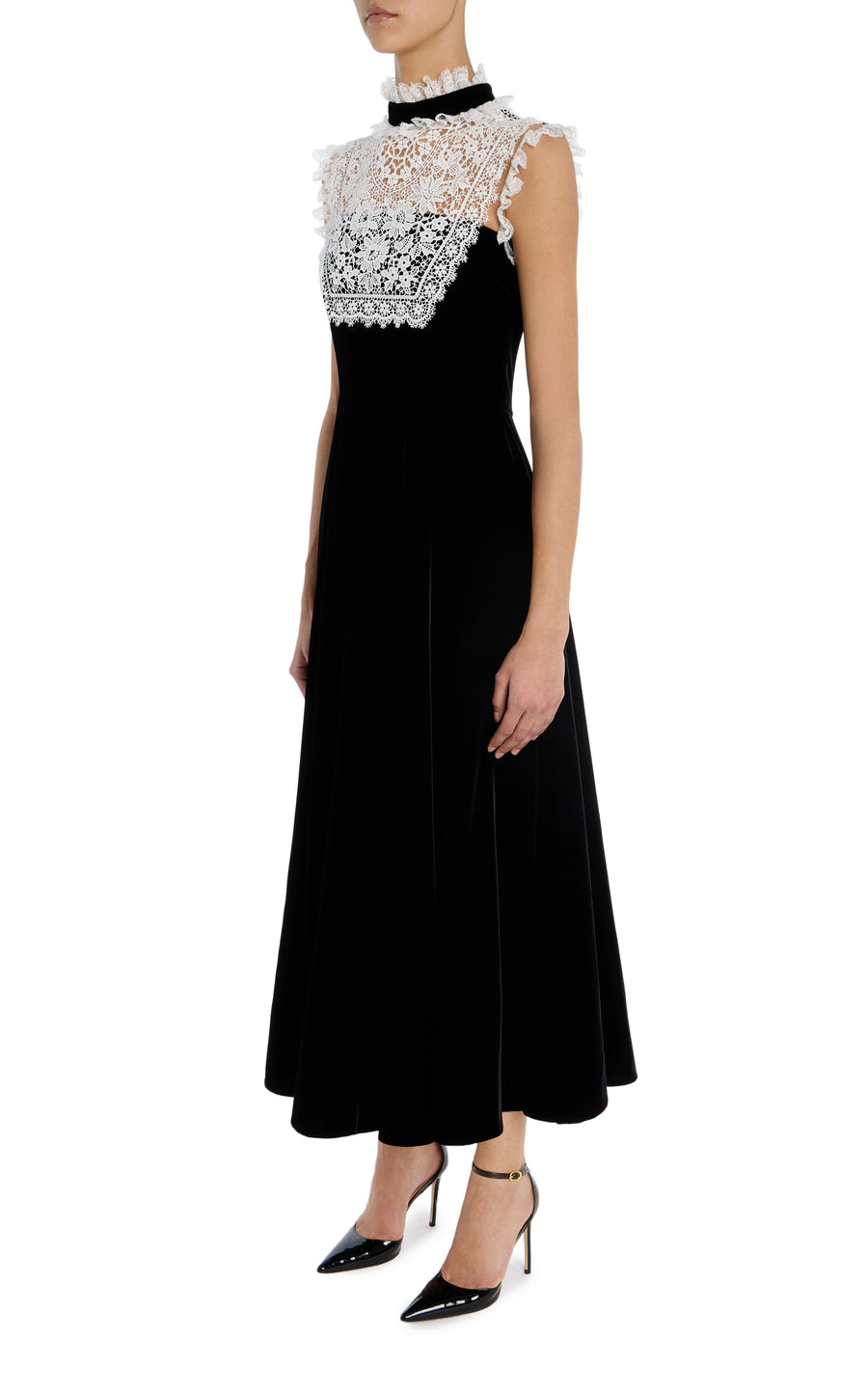 Black Sleeveless Velvet Dress with Lace Collar Detail