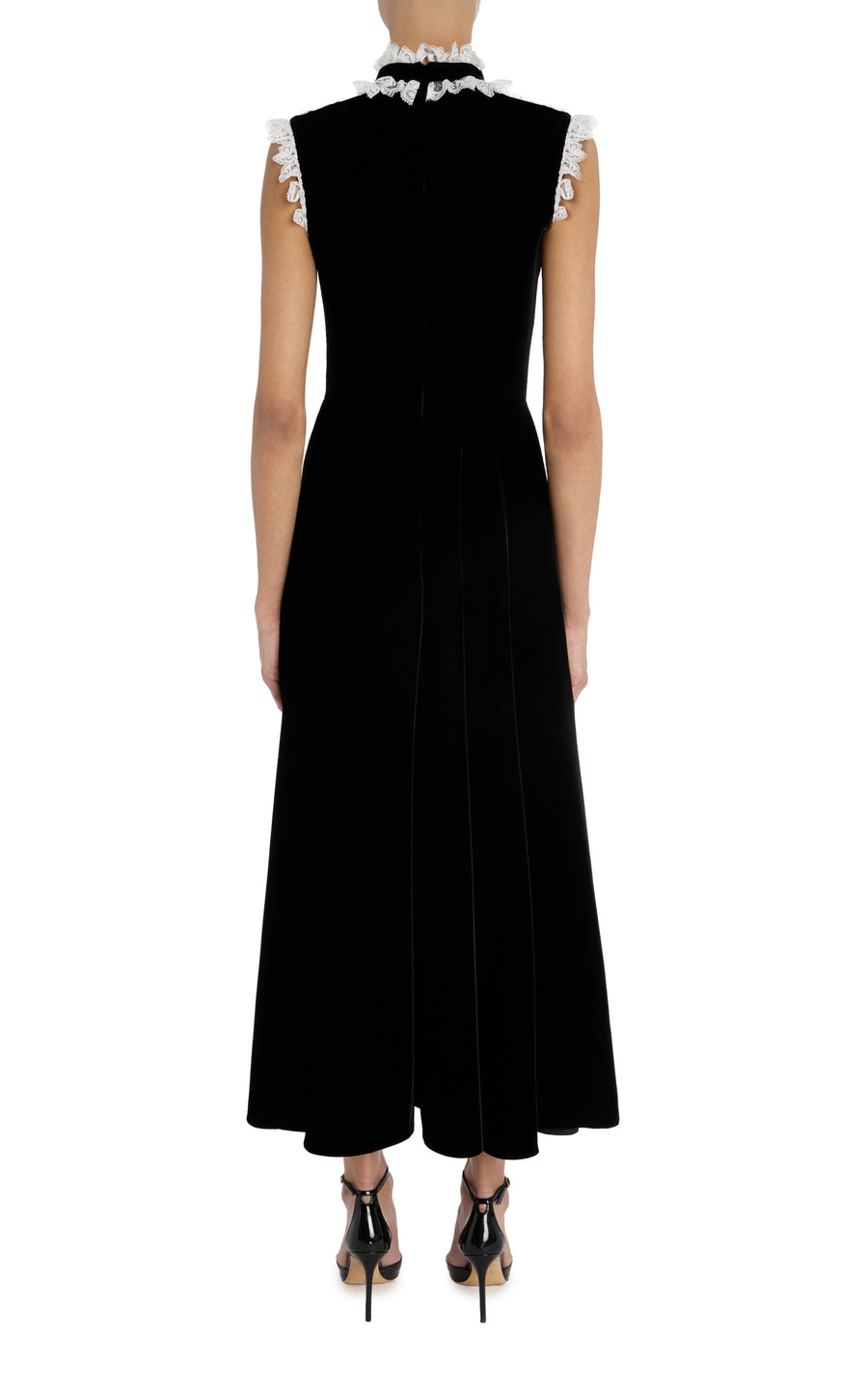 Black Sleeveless Velvet Dress with Lace Collar Detail