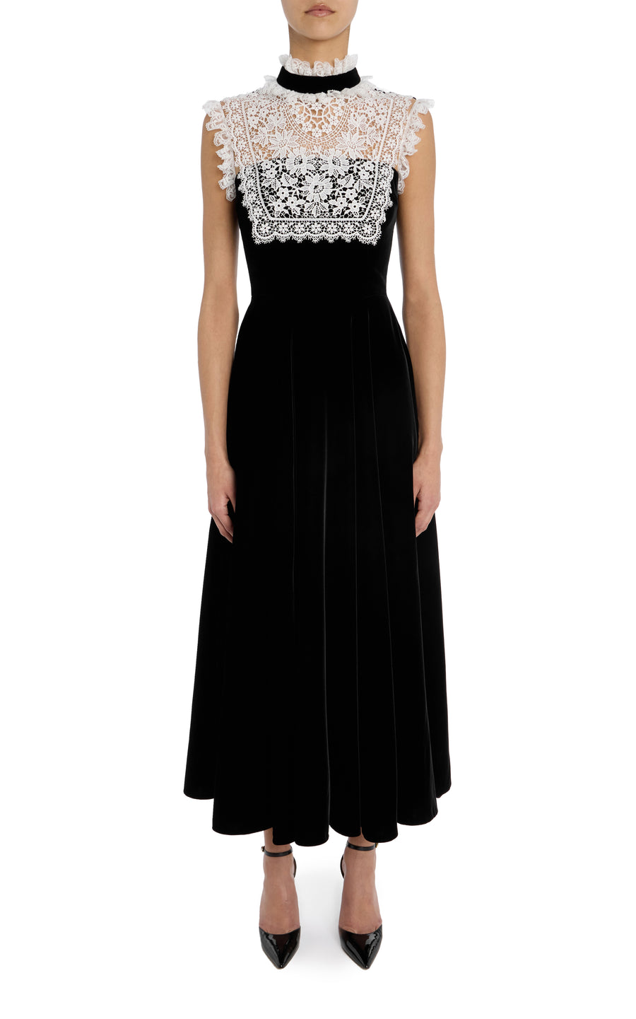 Black Sleeveless Velvet Dress with Lace Collar Detail