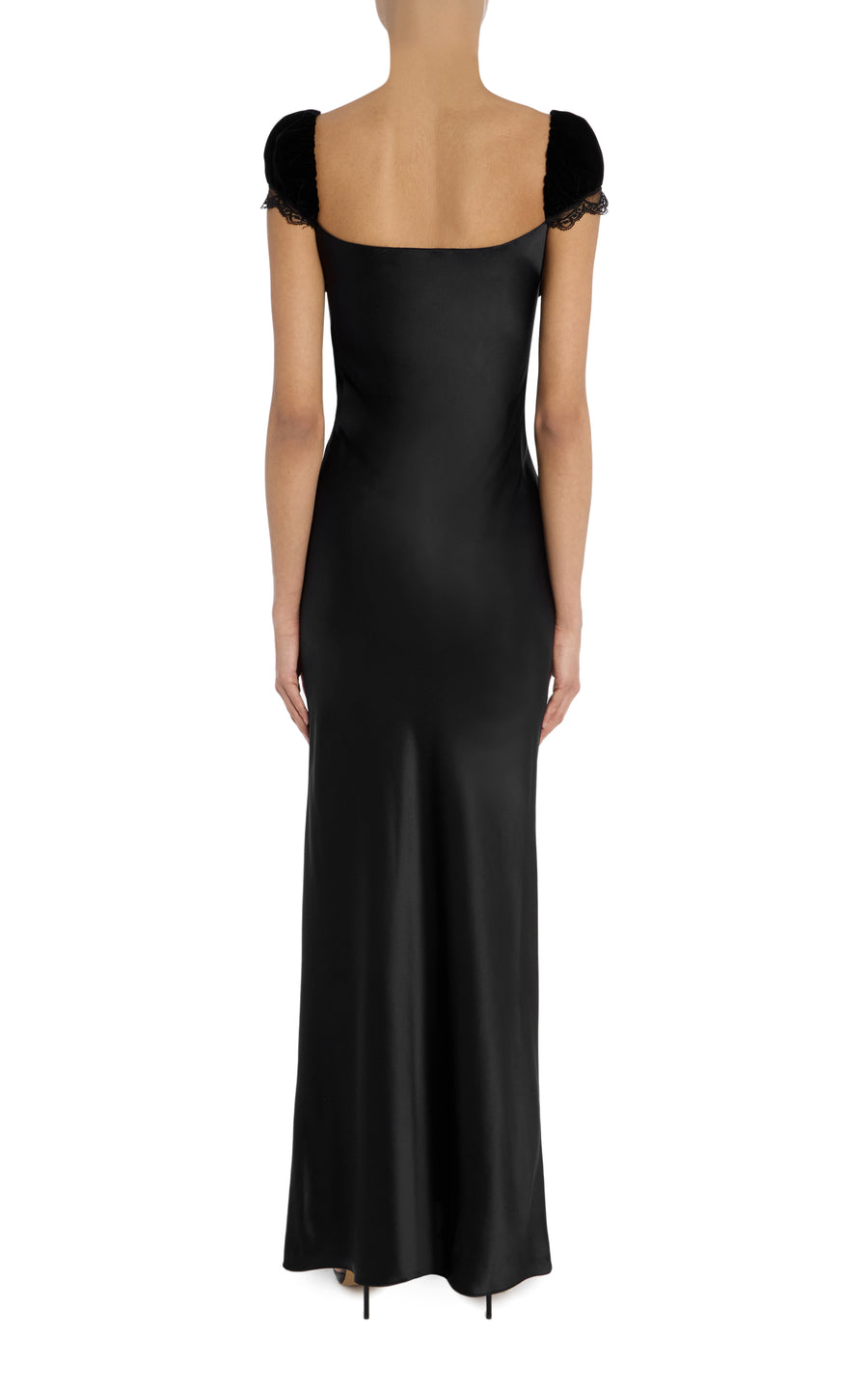 Black Velvet And Silk Satin Cap Sleeve Gown with Lace Trim