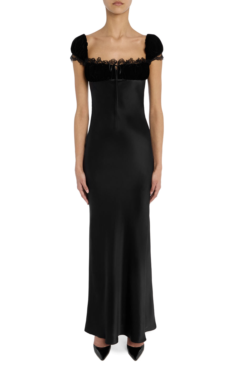 Black Velvet And Silk Satin Cap Sleeve Gown with Lace Trim