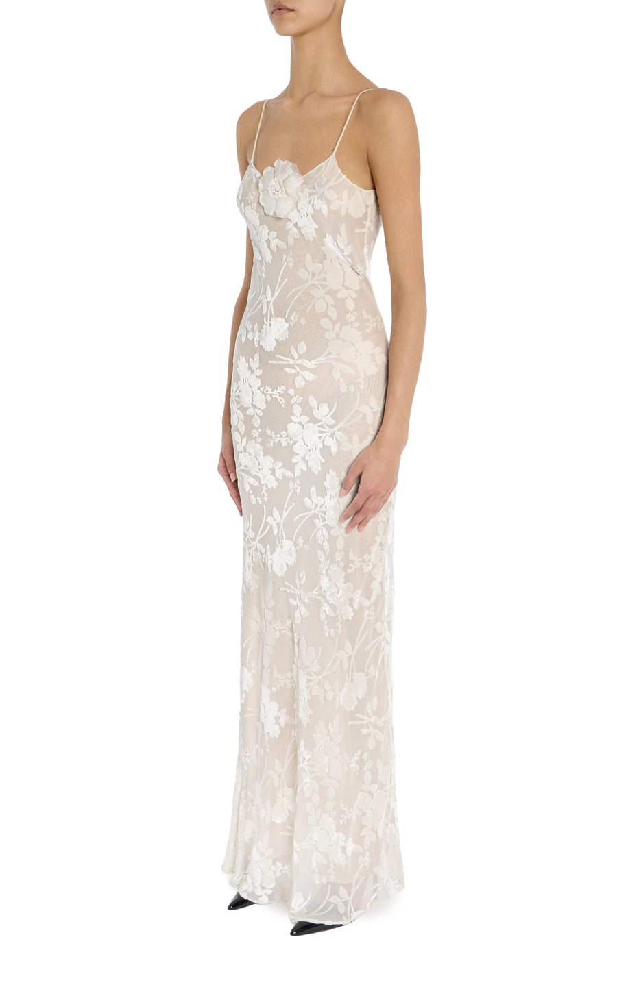 Off White Velvet Devoré Slip Gown With Silk Flower Pin