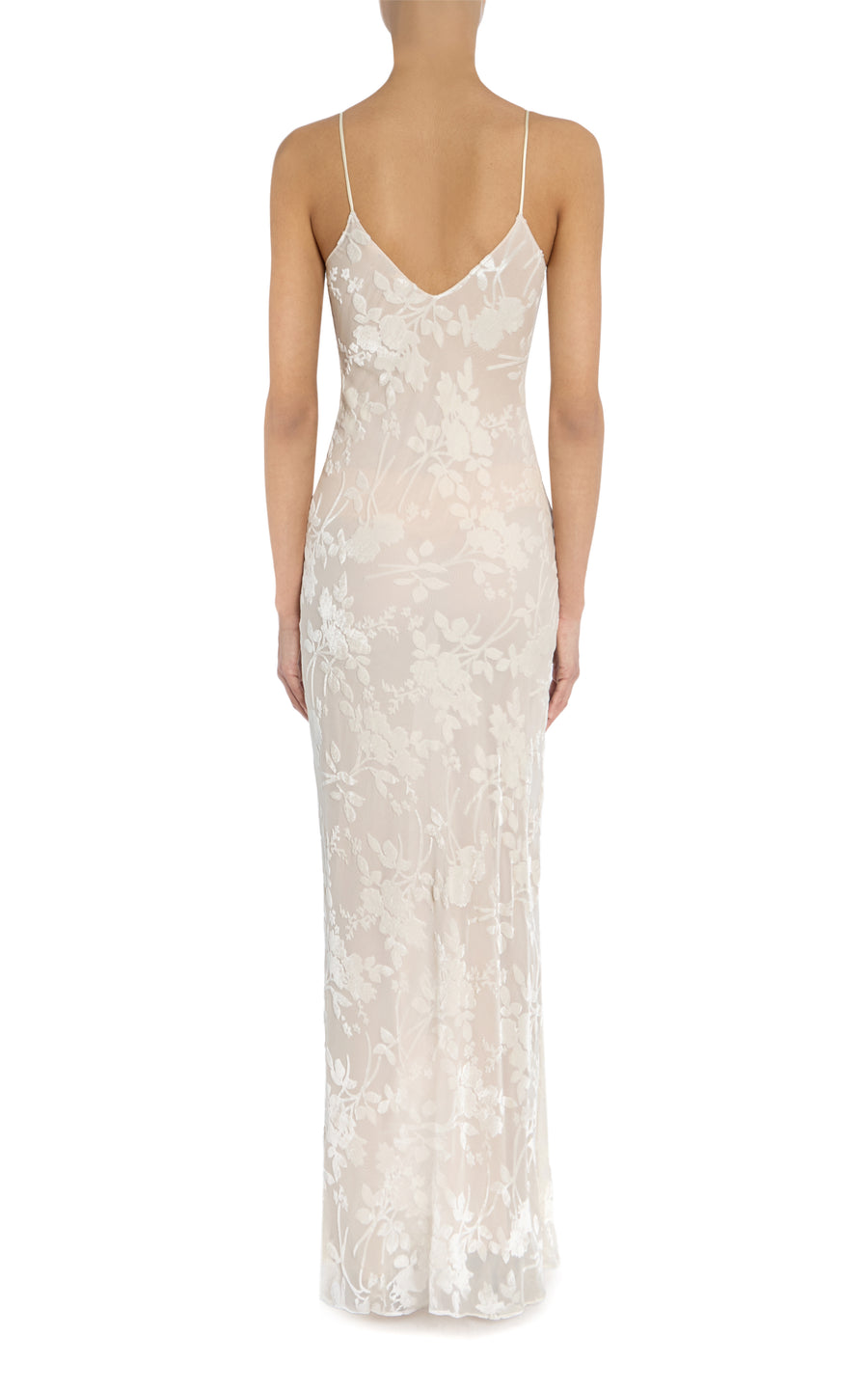 Off White Velvet Devoré Slip Gown With Silk Flower Pin