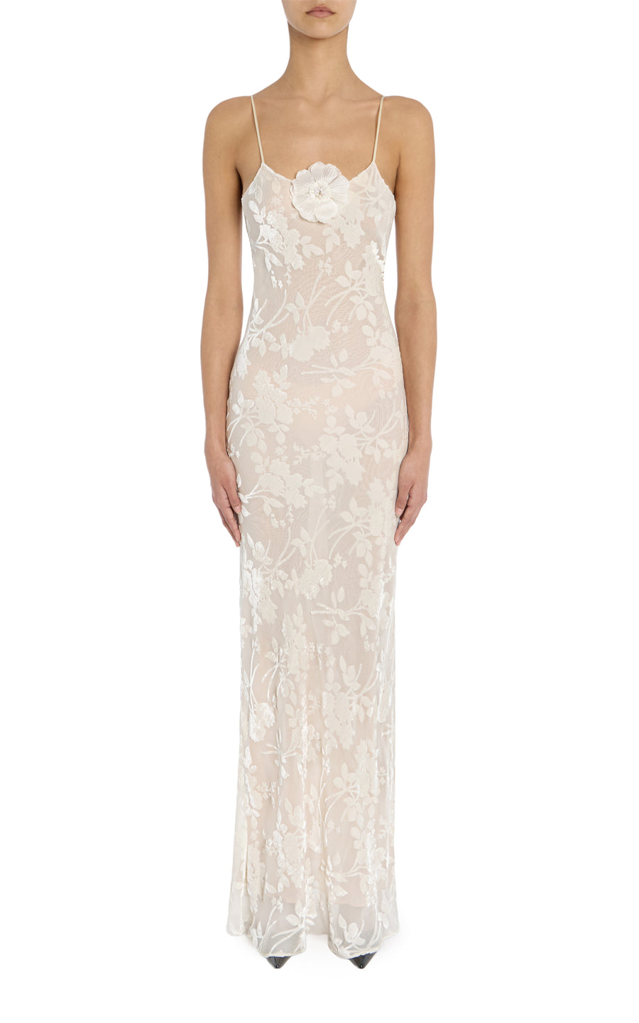Off White Velvet Devoré Slip Gown With Silk Flower Pin