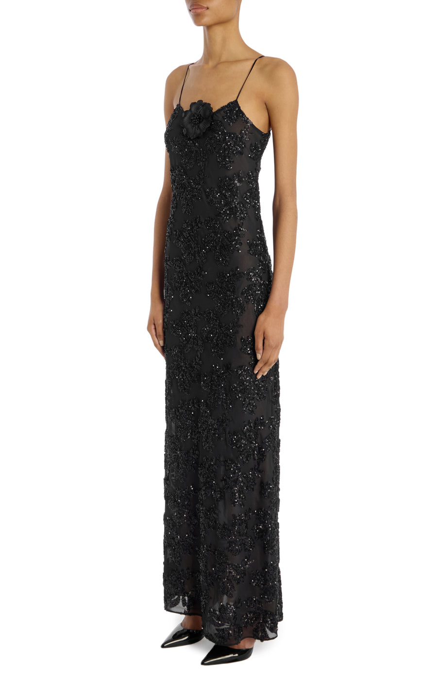 Black Embroidered Sequin Slip Gown With Silk Flower Pin