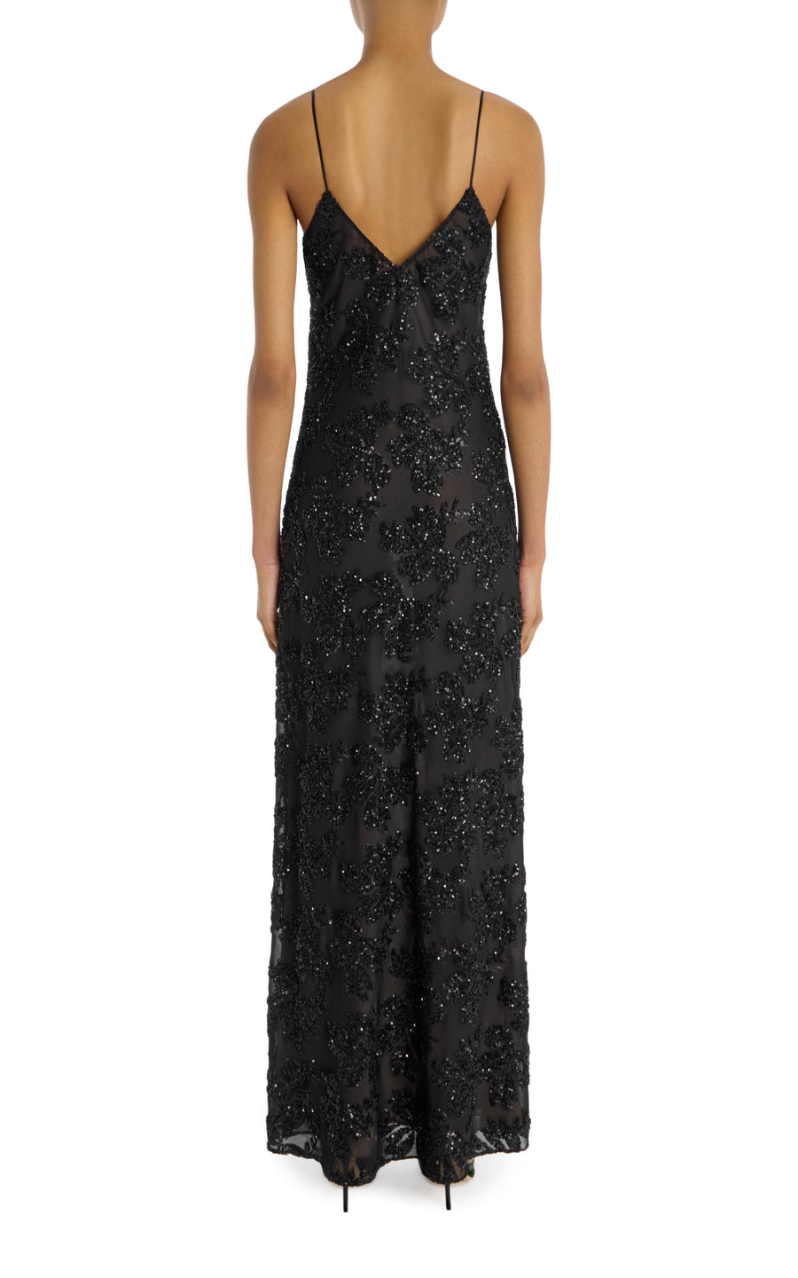 Black Embroidered Sequin Slip Gown With Silk Flower Pin