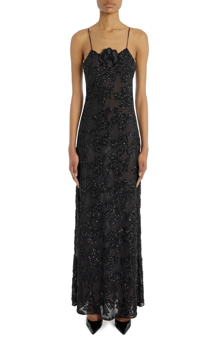 Black Embroidered Sequin Slip Gown With Silk Flower Pin