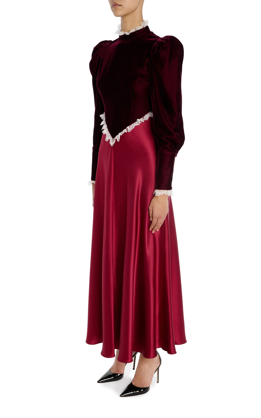 Burgundy Silk Satin & Velvet Long Sleeve Dress With Lace Detail