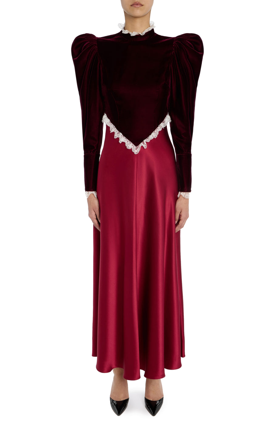 Burgundy Silk Satin & Velvet Long Sleeve Dress With Lace Detail