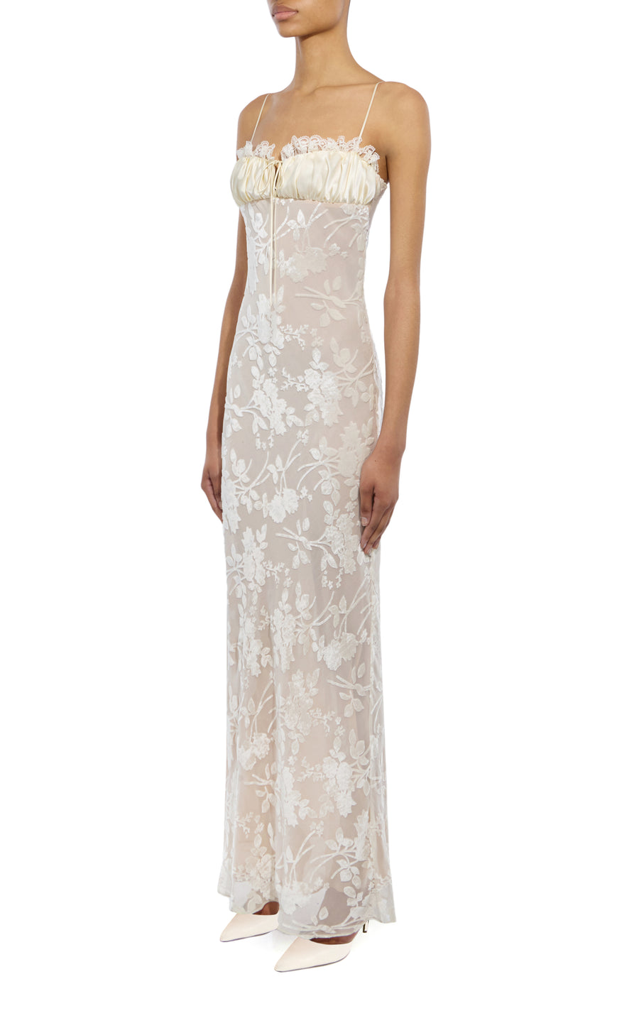 Off White Velvet Devoré and Lace Slip Gown With Silk Charmeuse Detail