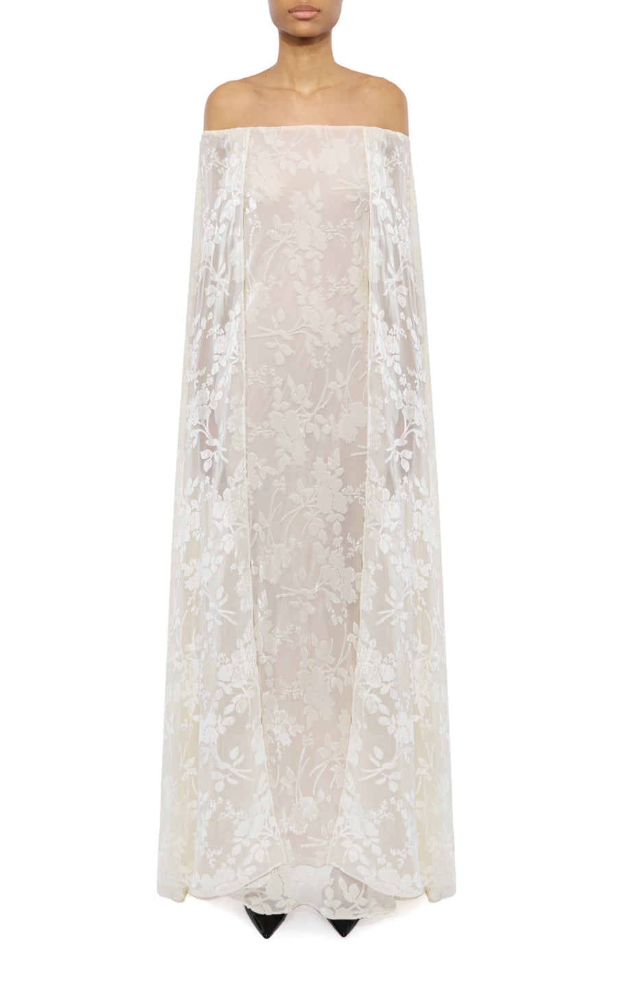 Off White Floral Velvet Devor Off the Shoulder Cape Gown Rodarte Off White Floral Velvet Devor Off the Shoulder Cape Gown Rodarte