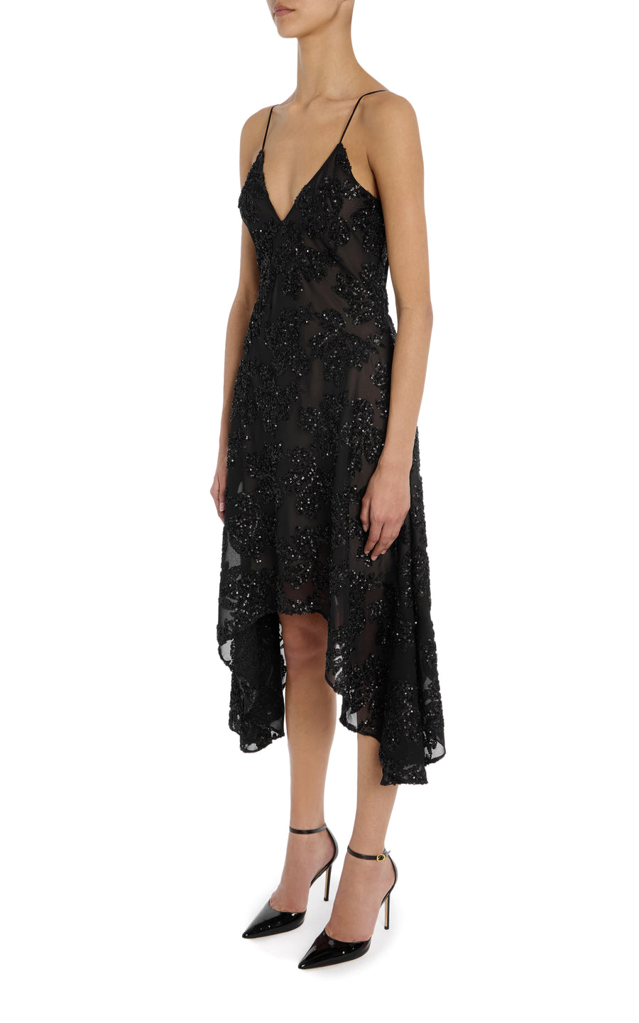 Black Embroidered Sequin Asymmetrical Slip Dress