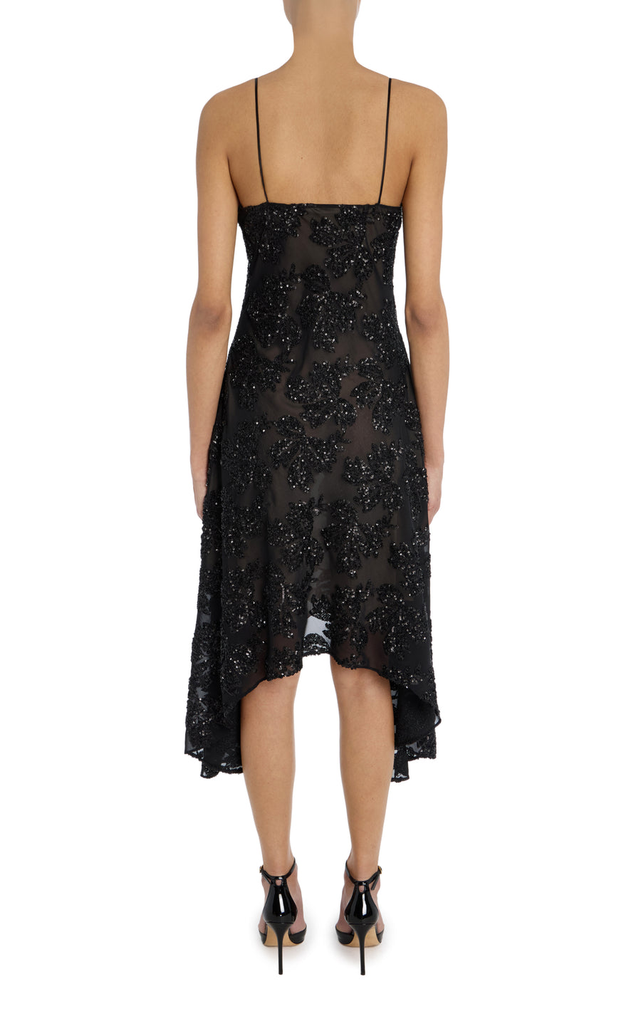 Black Embroidered Sequin Asymmetrical Slip Dress