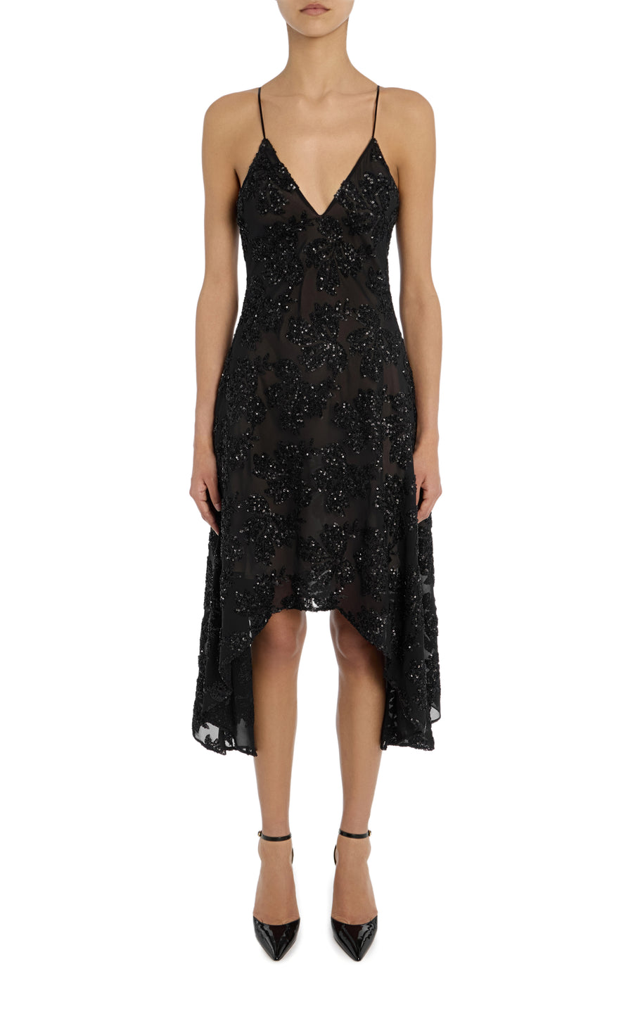 Black Embroidered Sequin Asymmetrical Slip Dress