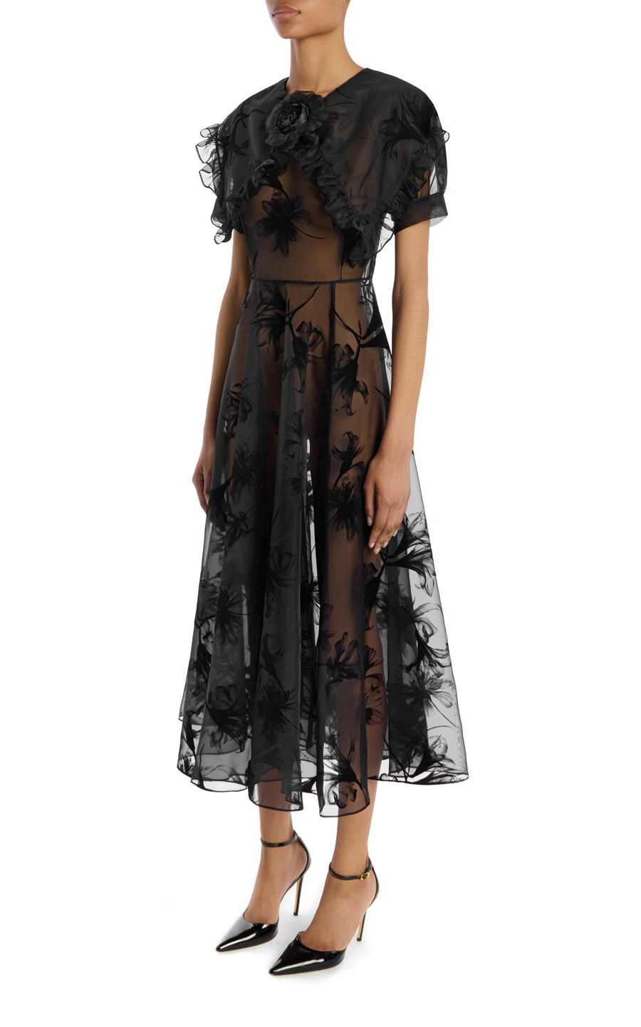 Ruffled Black Floral Motif Flocked Dress with Flower