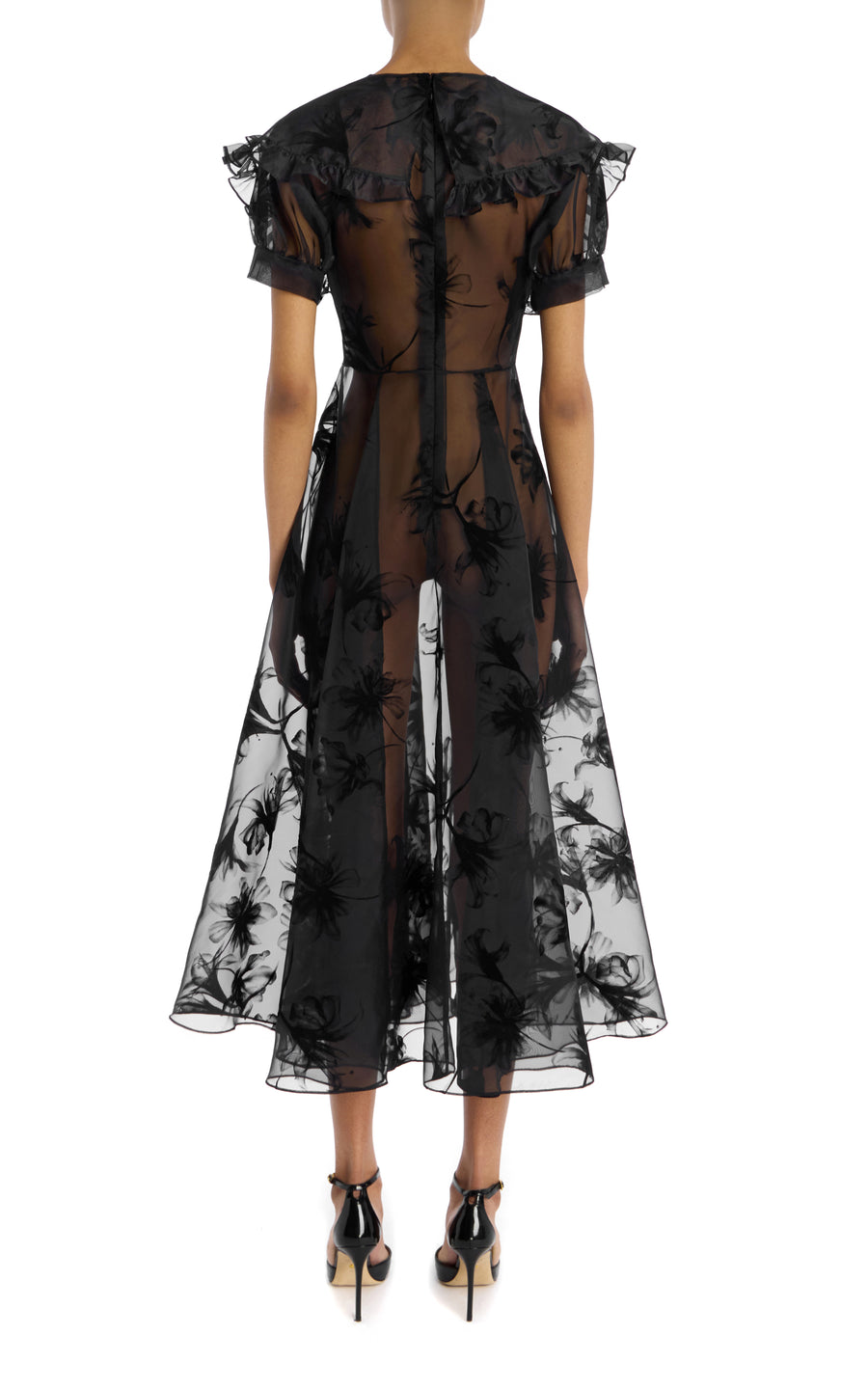 Ruffled Black Floral Motif Flocked Dress with Flower