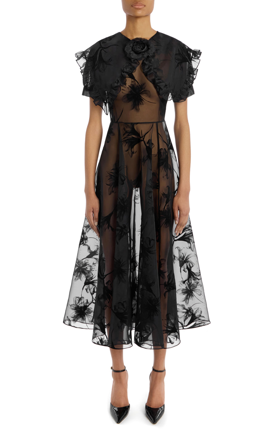 Ruffled Black Floral Motif Flocked Dress with Flower
