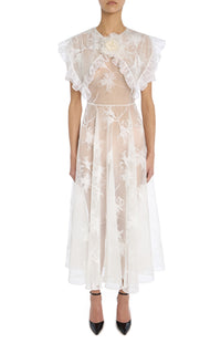 white dress flower print Ruffled Off White Floral Motif Flocked Dress with Flower – Rodarte