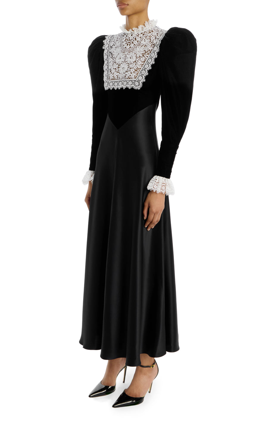 Black Silk Satin & Velvet Long Sleeve Dress With Lace Inlay