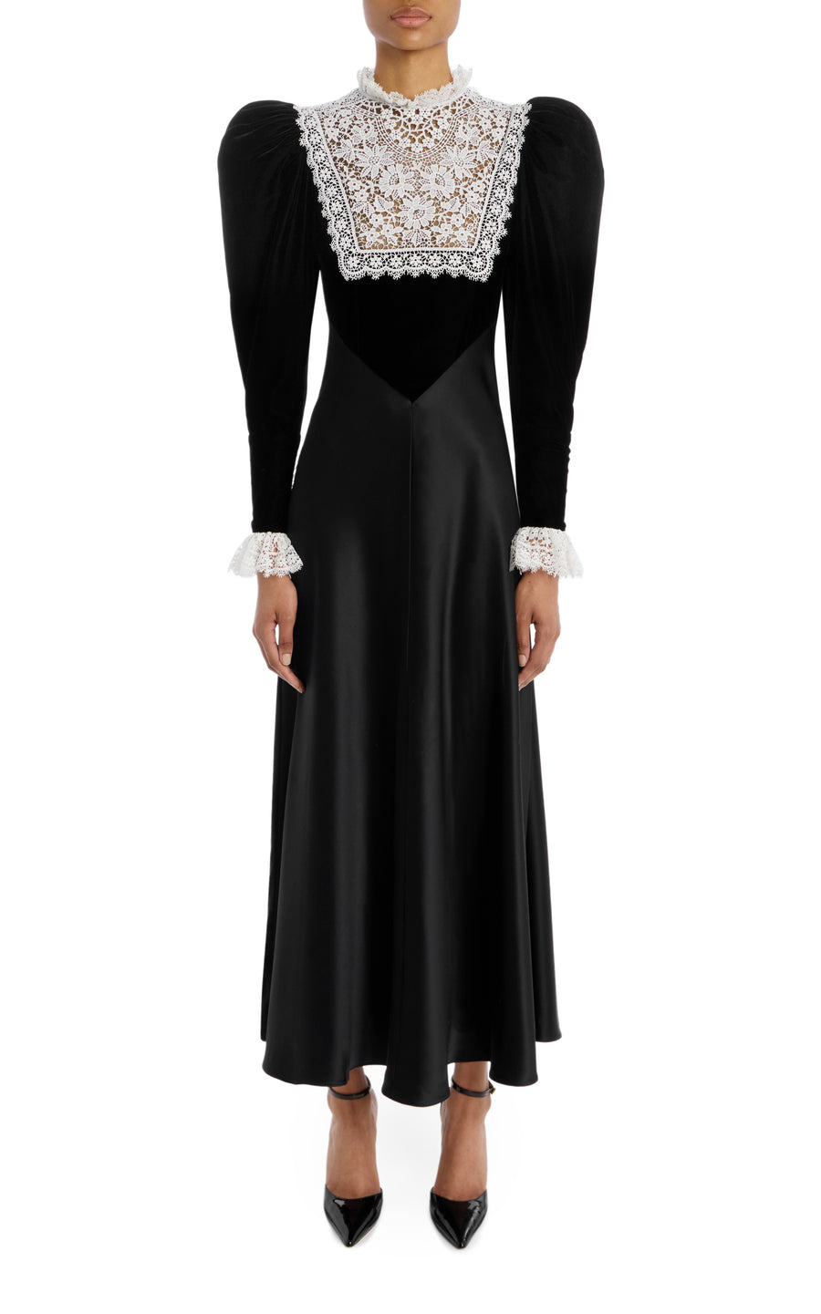 Black Silk Satin & Velvet Long Sleeve Dress With Lace Inlay