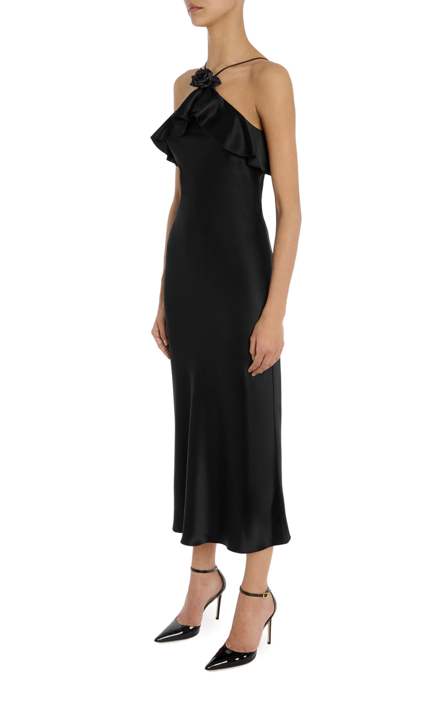Black Silk Satin Halter Dress with Ruffle Detail