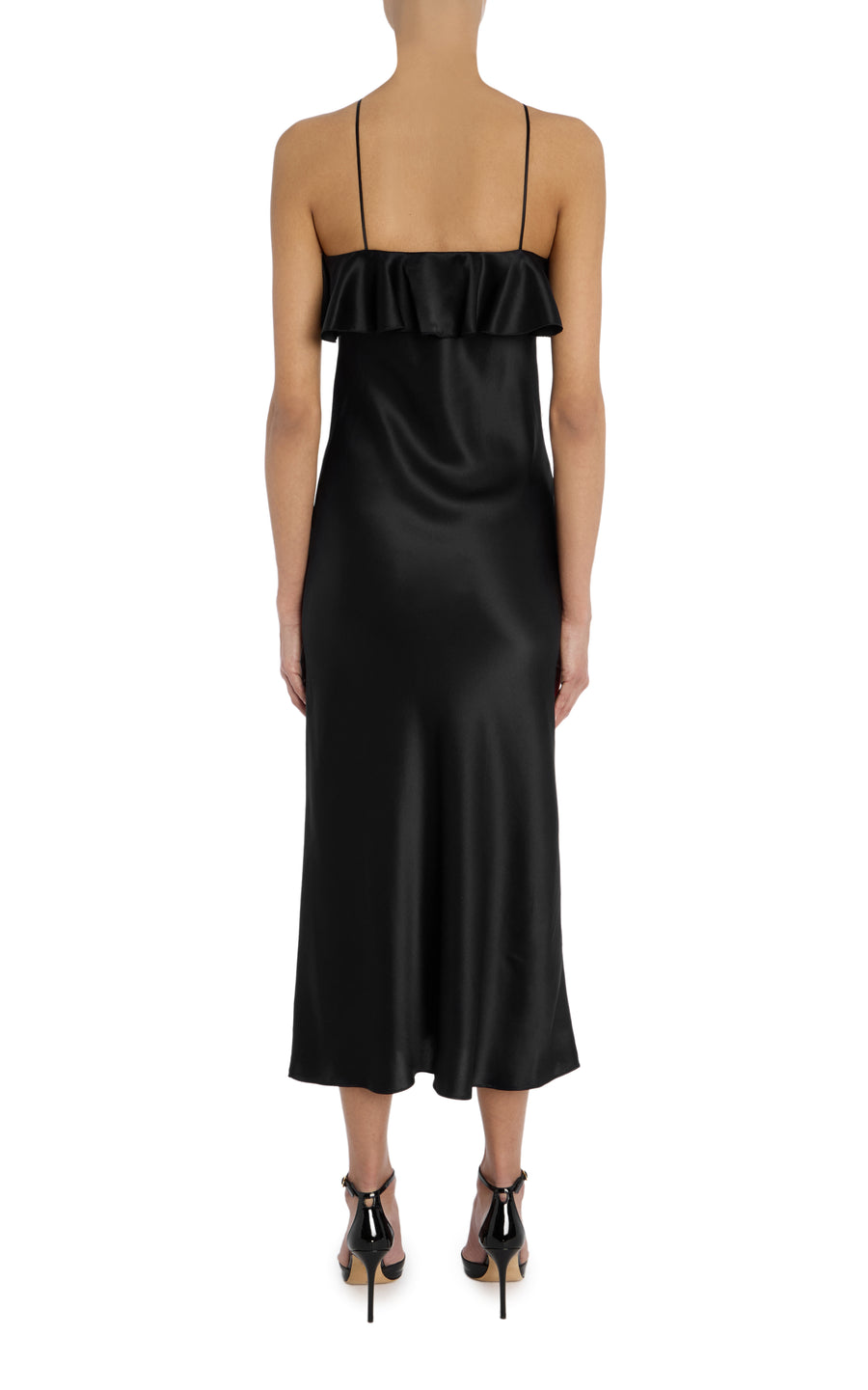 Black Silk Satin Halter Dress with Ruffle Detail