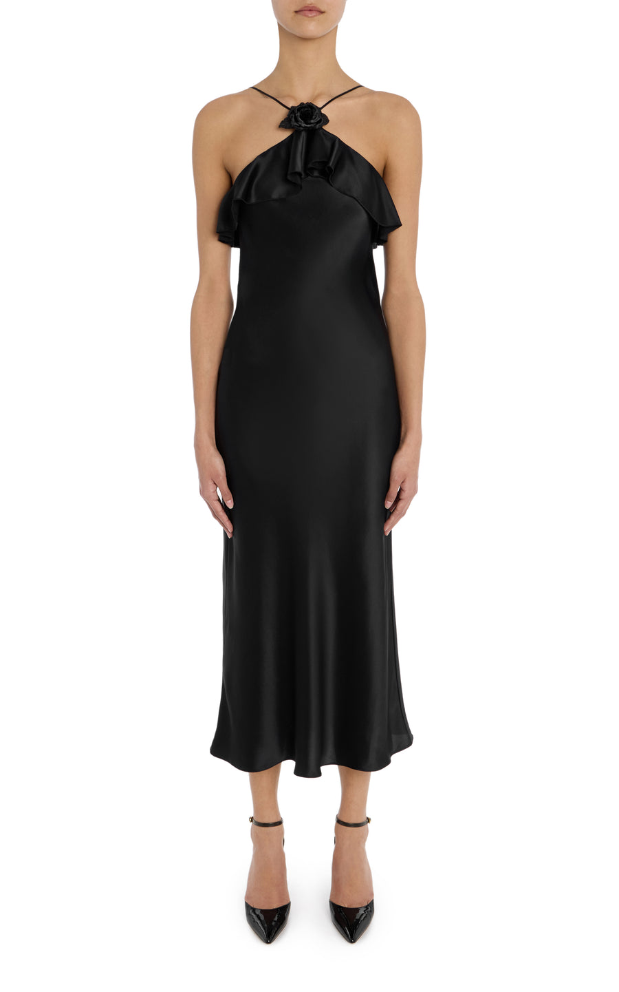 Black Silk Satin Halter Dress with Ruffle Detail