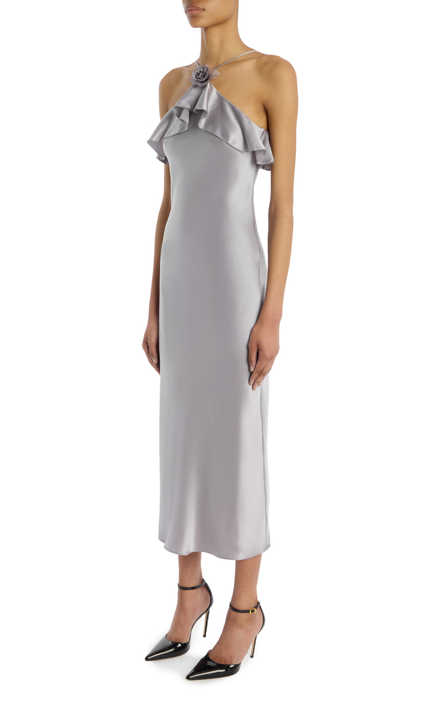 grey chiffon halter dress Halter neck dress in flowing silver chiffon lam, featuring a crystal embroidered bodice