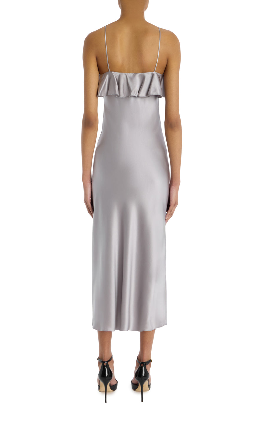 Grey Silk Satin Halter Dress with Ruffle Detail