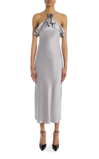 Grey Silk Satin Halter Dress with Ruffle Detail – Rodarte