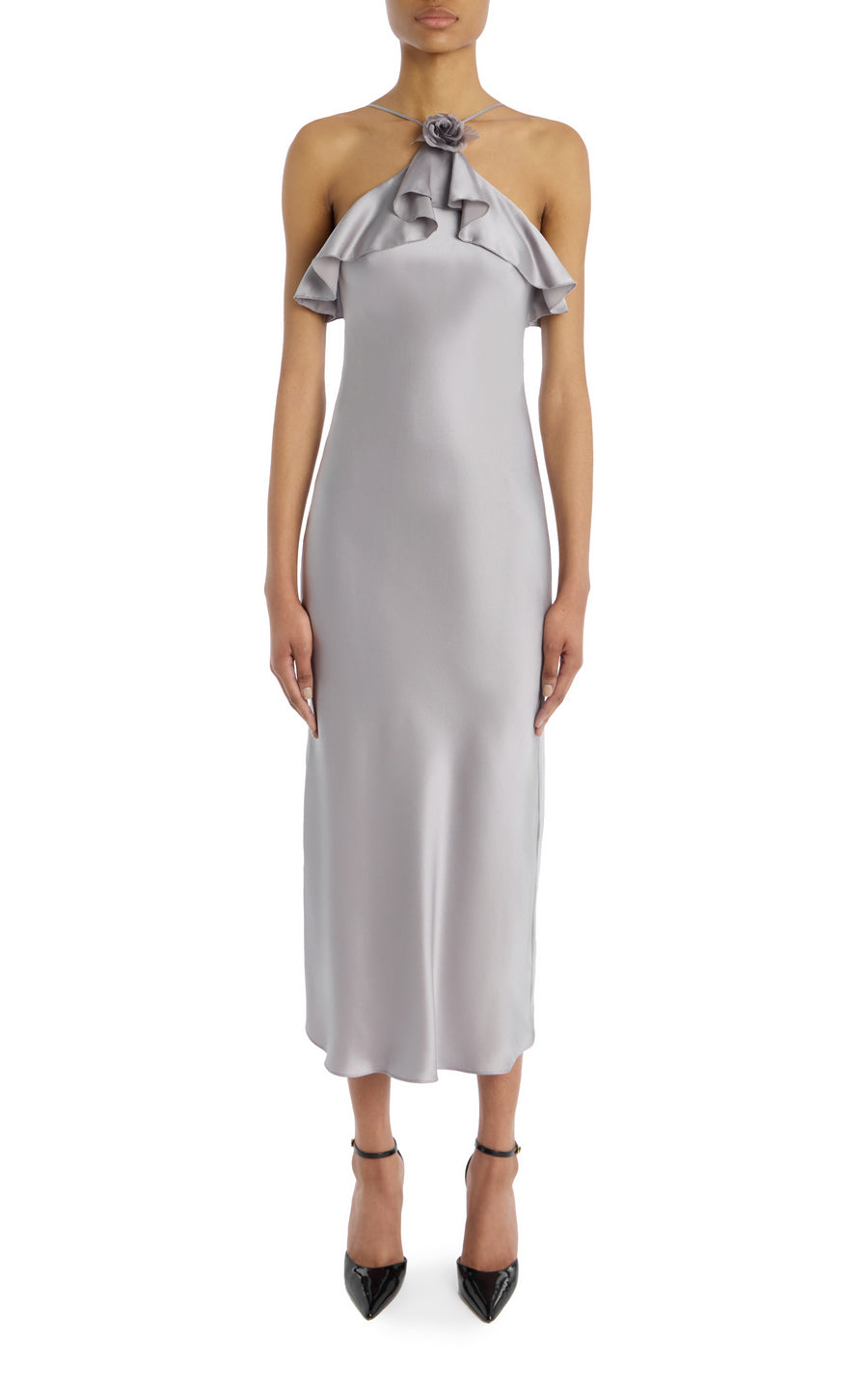 Grey Silk Satin Halter Dress with Ruffle Detail