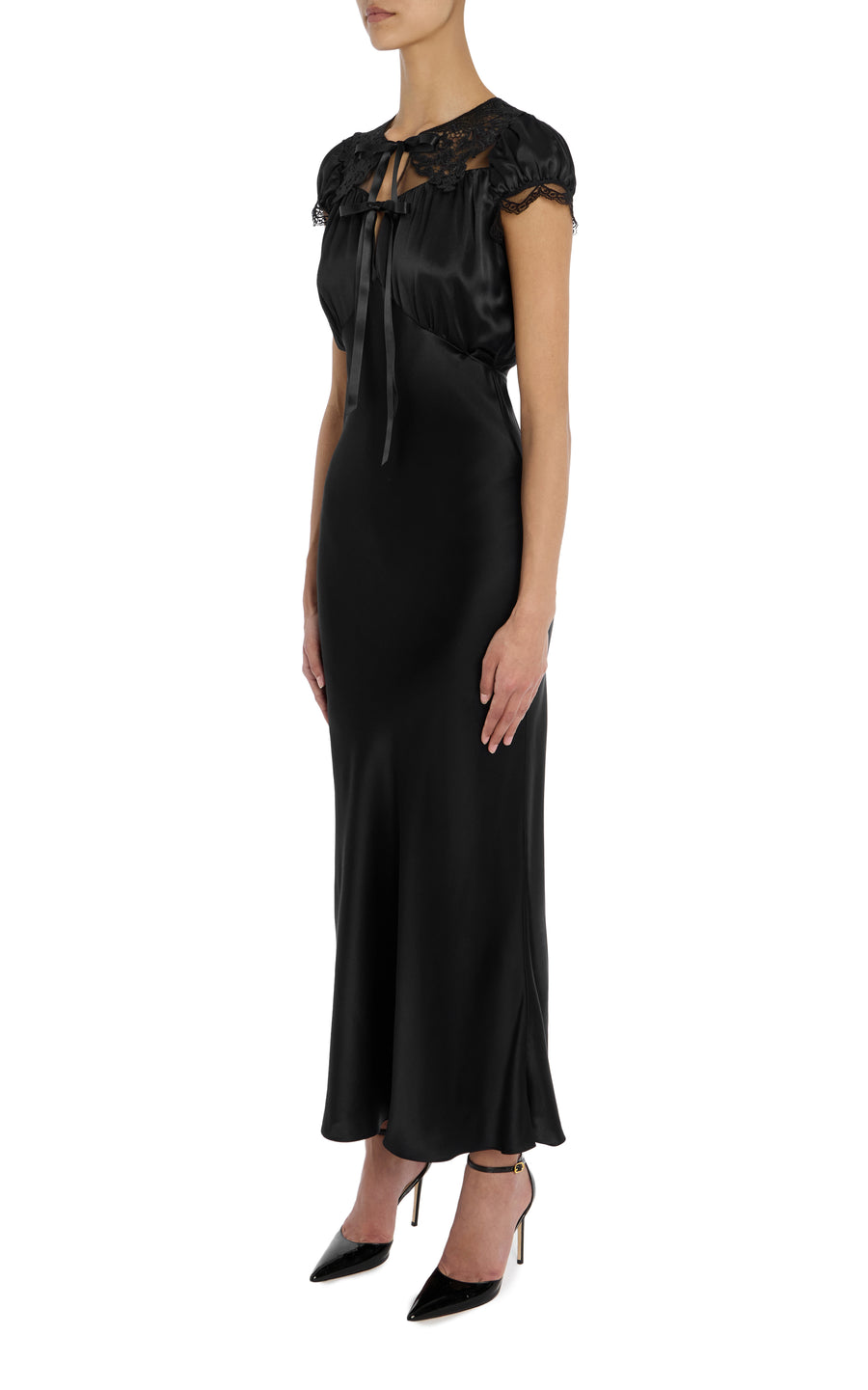 Black Silk Satin Cap Sleeve Dress with Lace Collar Rodarte Black Silk Satin Cap Sleeve Dress with Lace Collar Rodarte