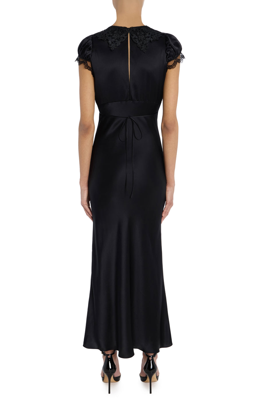 Black Silk Satin Cap Sleeve Dress with Lace Collar