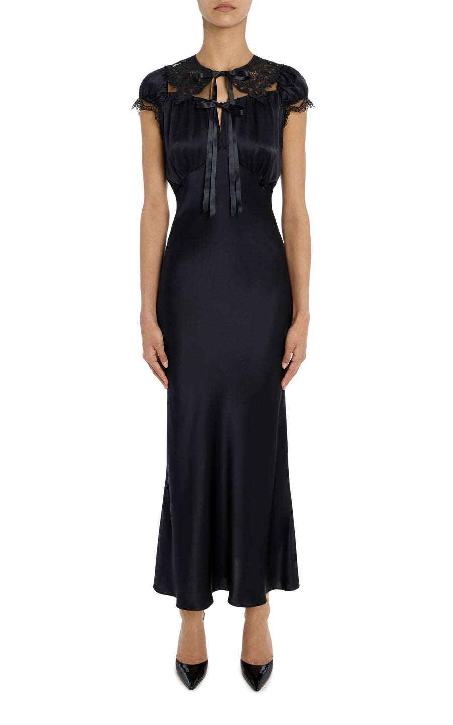 Black Silk Satin Cap Sleeve Dress with Lace Collar