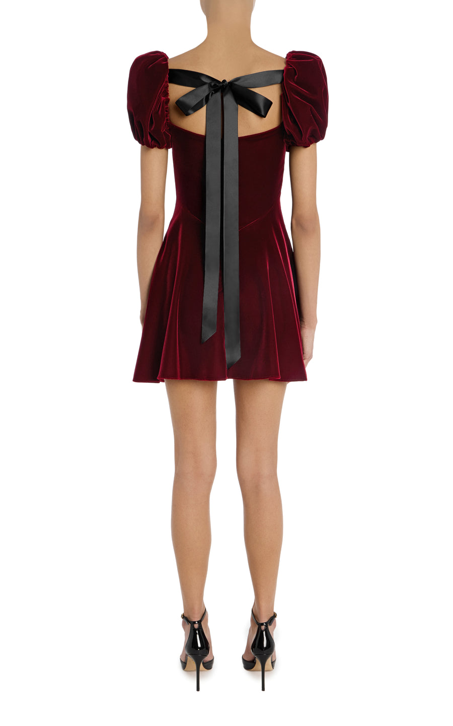 Burgundy Velvet Mini Dress With Gathered Bust And Ribbon Detail