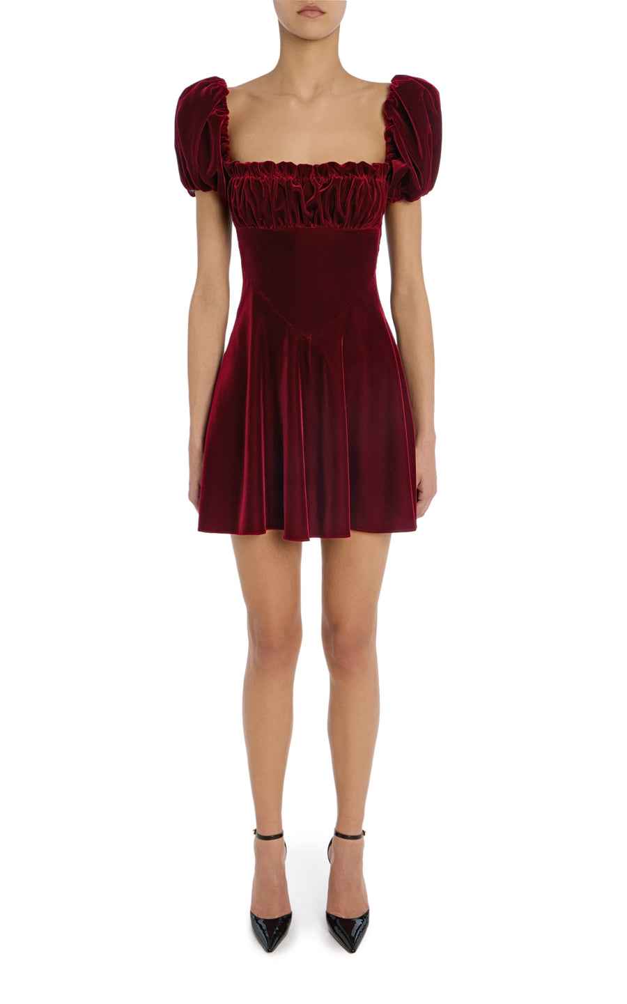 Burgundy Velvet Mini Dress With Gathered Bust And Ribbon Detail