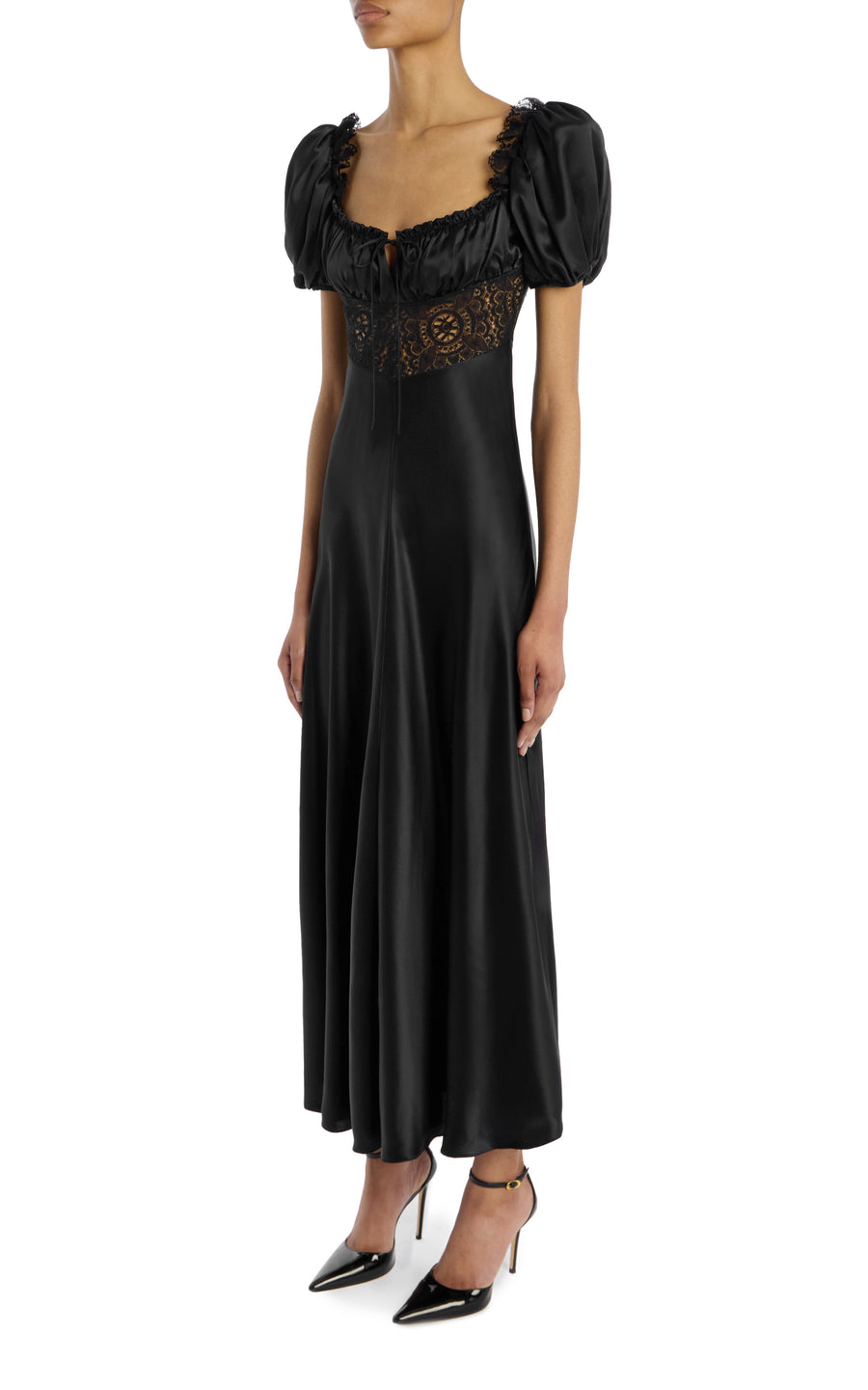 Black Silk Satin Bias Dress With Gathered Bust And Black Lace Detail