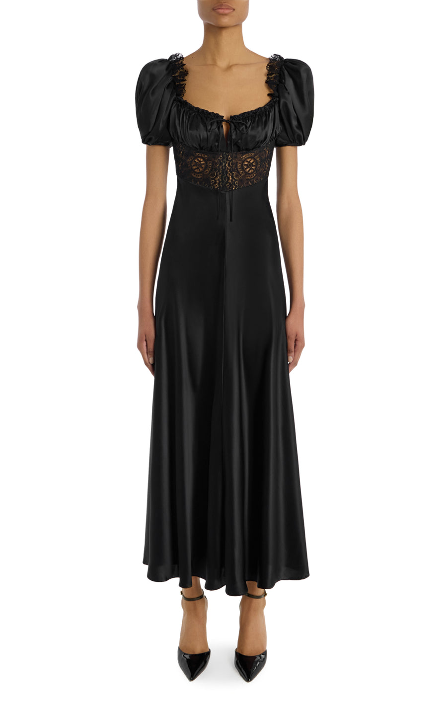 Black Silk Satin Bias Dress With Gathered Bust And Black Lace Detail