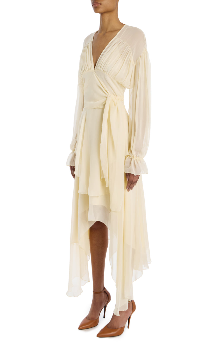 Cream Silk Chiffon Dress With Tie Detail And Slip