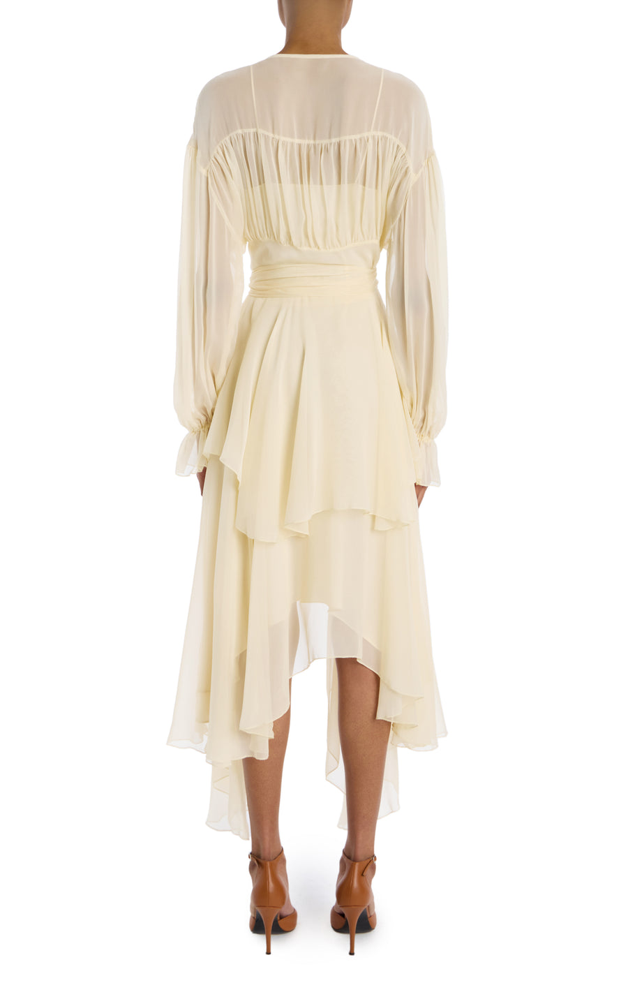 Cream Silk Chiffon Dress With Tie Detail And Slip