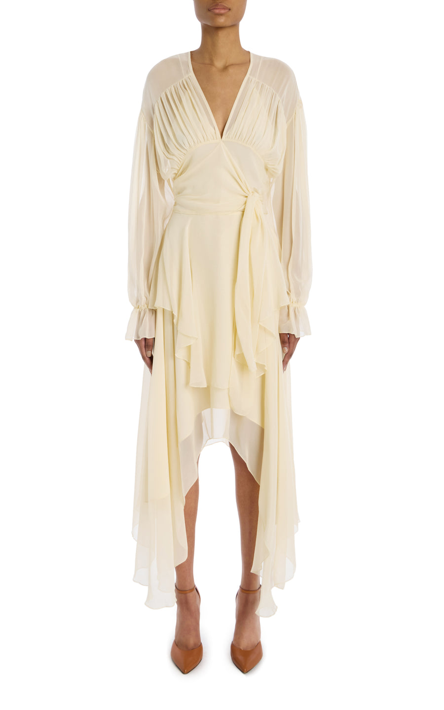 Cream Silk Chiffon Dress With Tie Detail And Slip