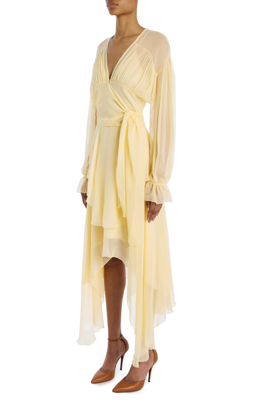 Yellow Silk Chiffon Dress With Tie Detail And Slip