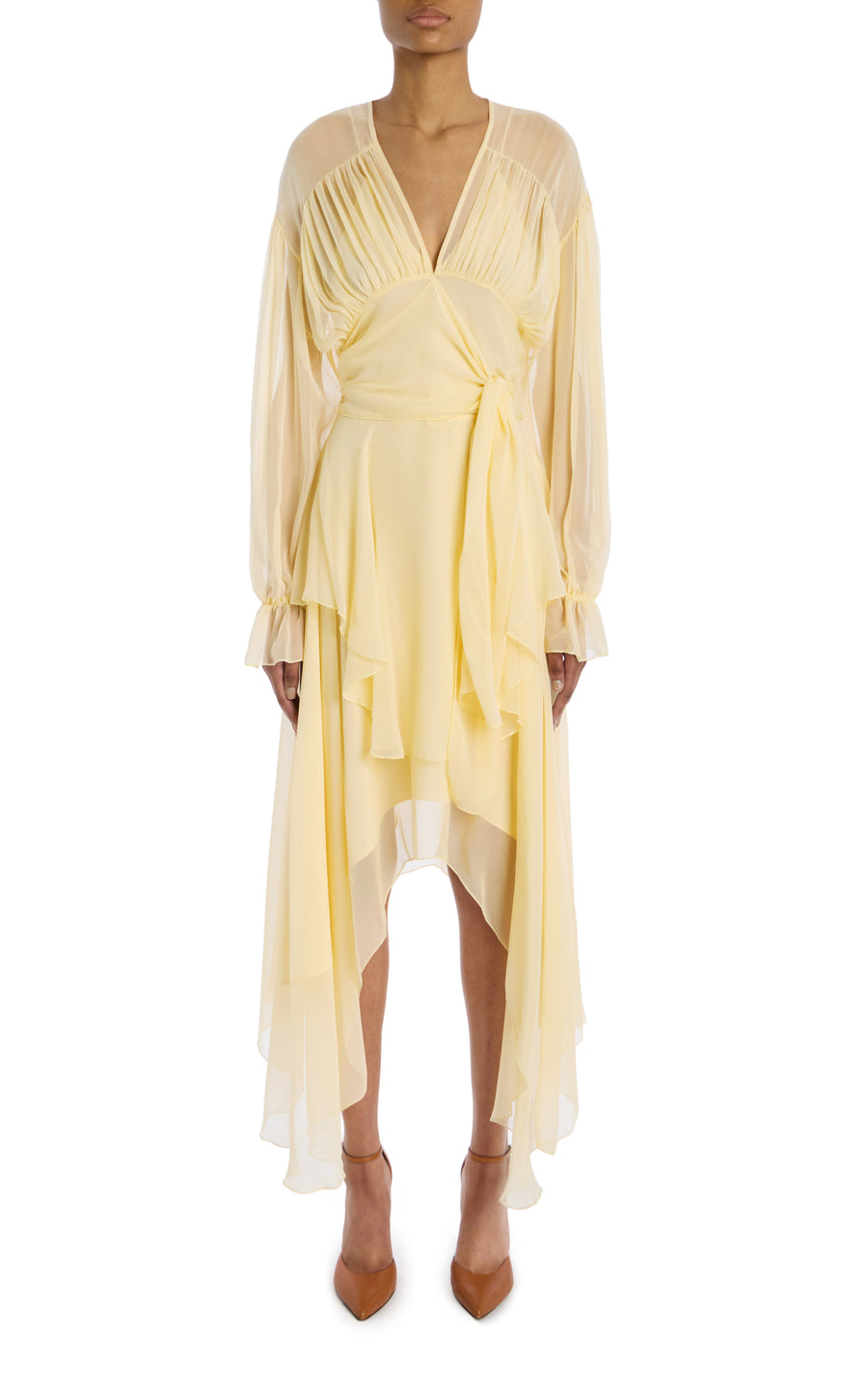 Yellow Silk Chiffon Dress With Tie Detail And Slip